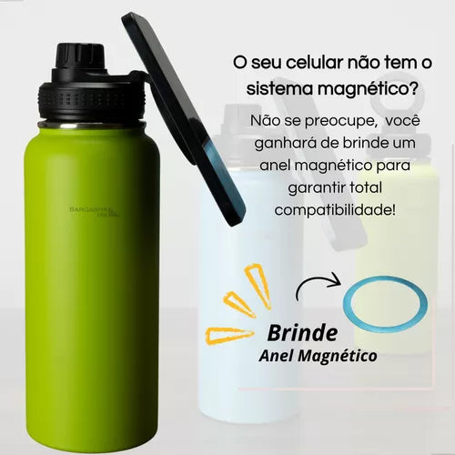 Garrafa Térmica de Aço Inox com Suporte Magnético para Celular