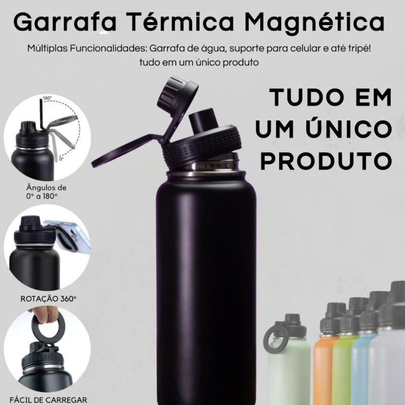 Garrafa Térmica de Aço Inox com Suporte Magnético para Celular