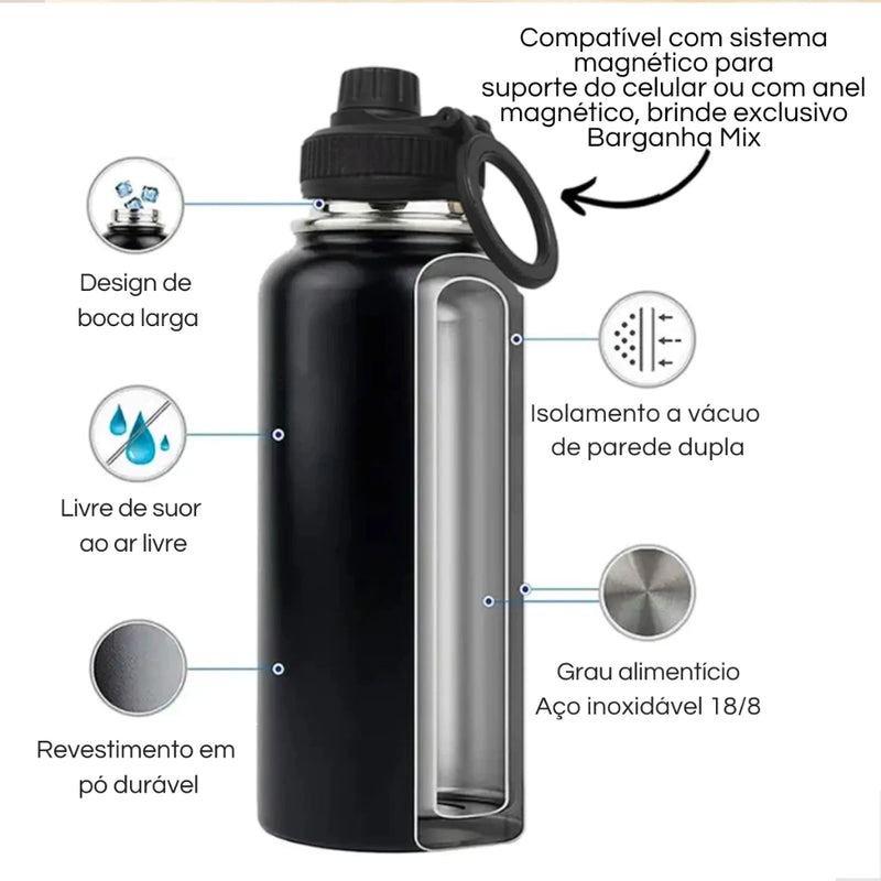 Garrafa Térmica de Aço Inox com Suporte Magnético para Celular