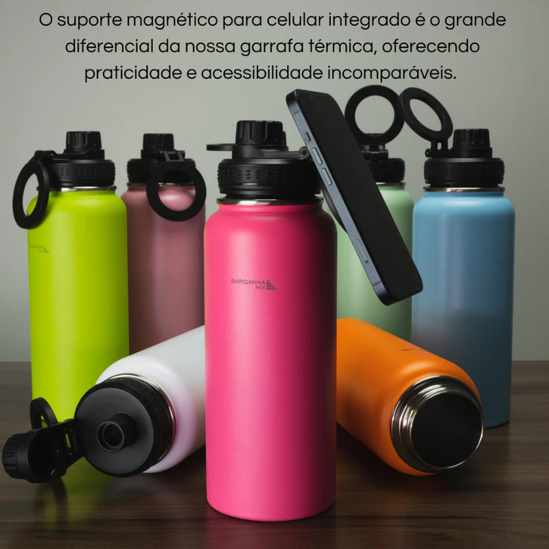 Garrafa Térmica de Aço Inox com Suporte Magnético para Celular